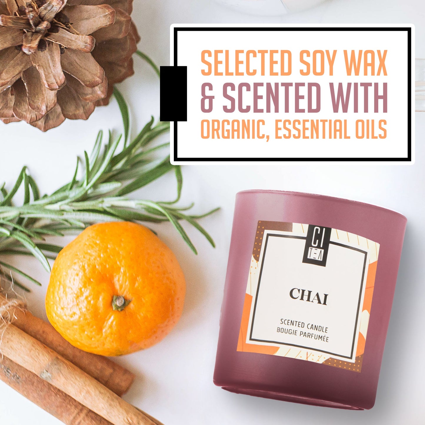 Bougie en cire de soja Chai - Orange, cannelle et clou de girofle - 227 g