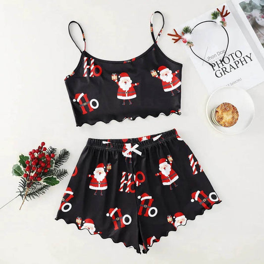 Christmas European And American Thin Pajamas Women's Sleeveless Shorts Milk Silk Simple Casual Two-piece Suit Homewear - www.Shopthatapp.com #