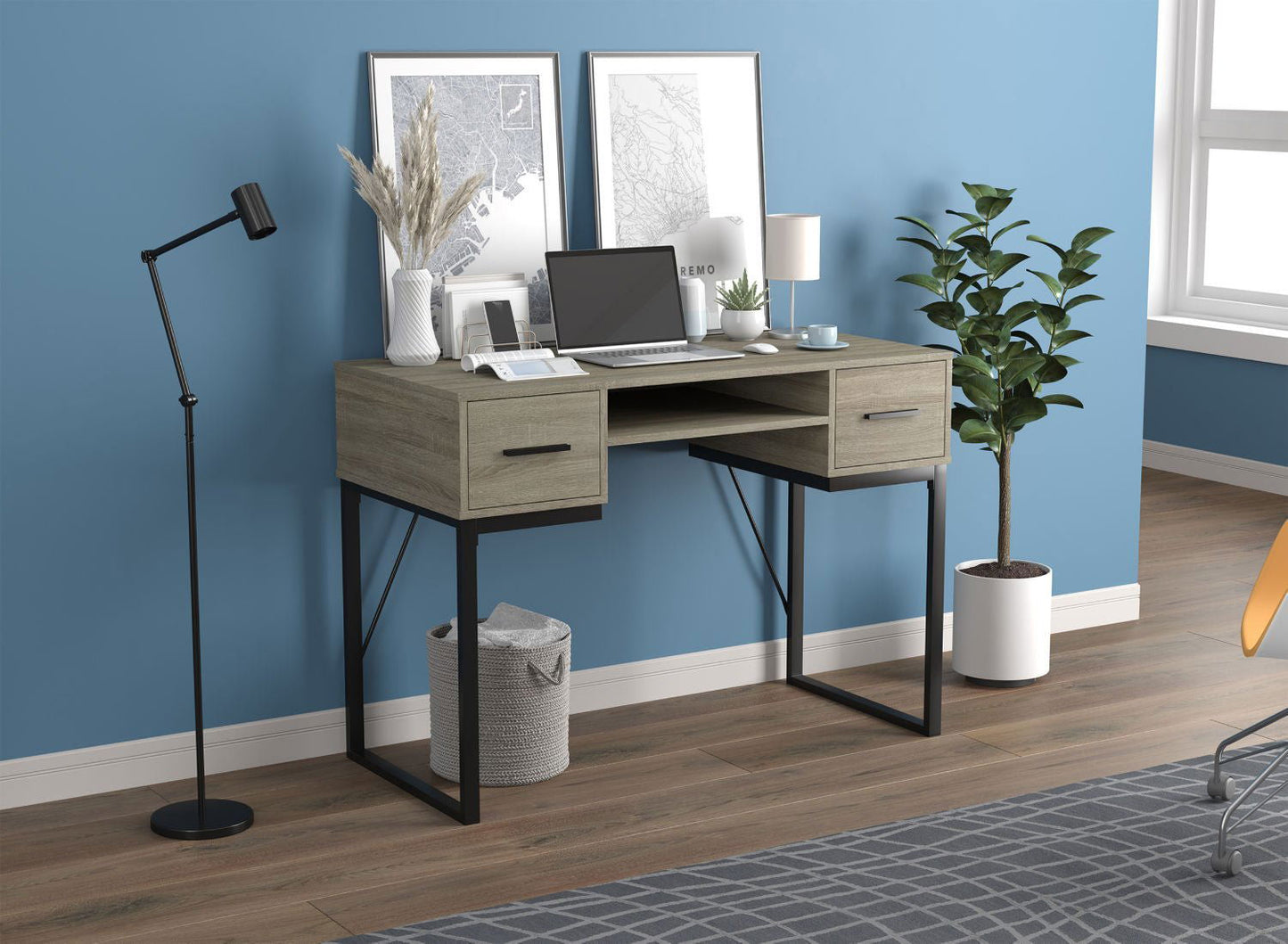 Computer Gaming Desk Dark Taupe 2 Drawers 1 Shelf Black Metal-Furniture-www.Shopthatapp.com-DecoElegance