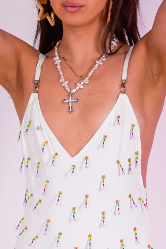 White Beaded Swim Bodysuit - www.Shopthatapp.com