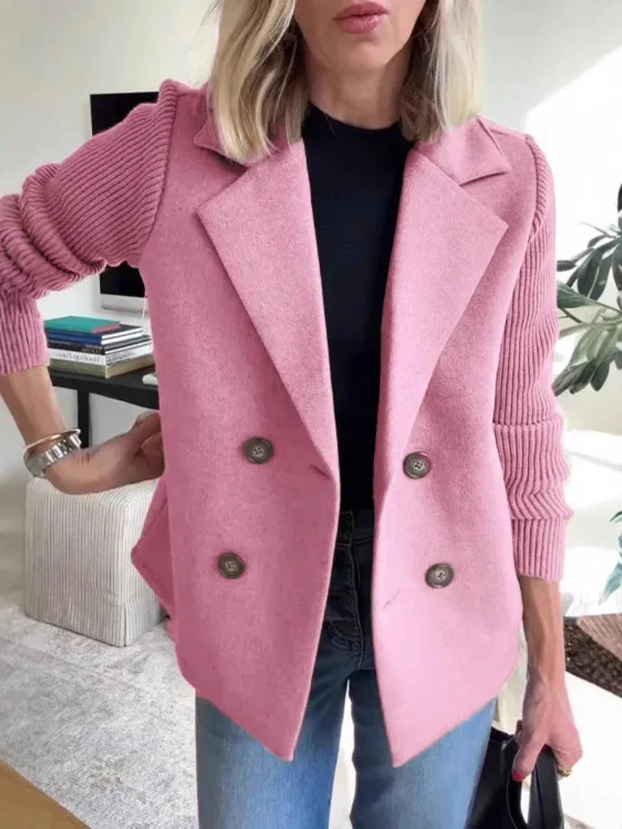 Double Breasted Lapel Jacket Fashion Knitted Sleeves Splicing Design Coat Outerwear - www.Shopthatapp.com