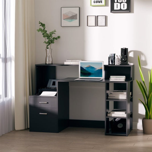 Modern Computer Desk with Drawers and Storage Shelves, Study Workstation, Writing Desk with Printer Stand for Home Office, Black - www.Shopthatapp.com
