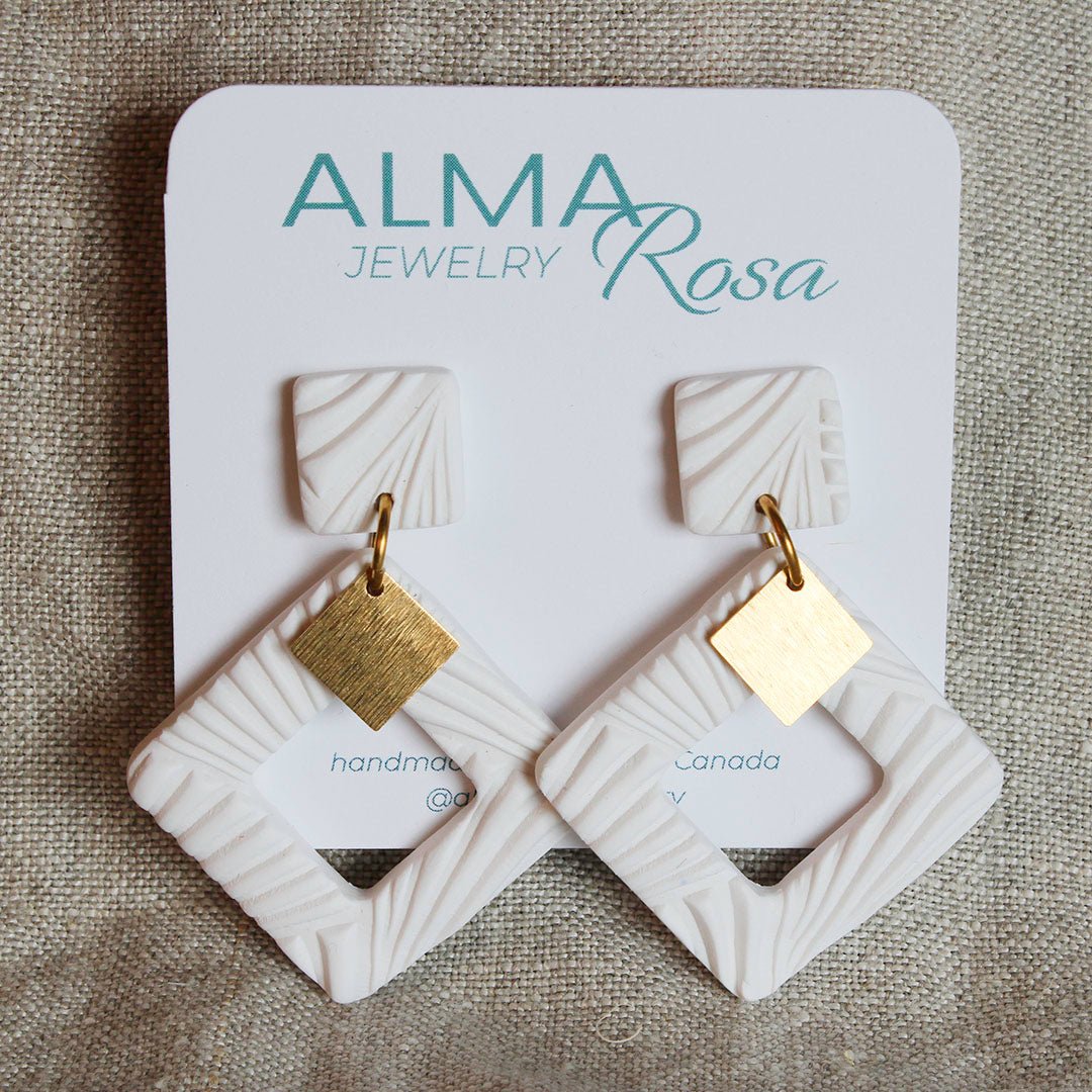 EMERY Earrings. Textured White, Polymer Clay statement Earrings with brass Dangles - www.Shopthatapp.com