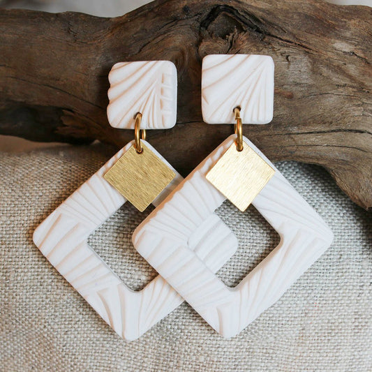 EMERY Earrings. Textured White, Polymer Clay statement Earrings with brass Dangles - www.Shopthatapp.com