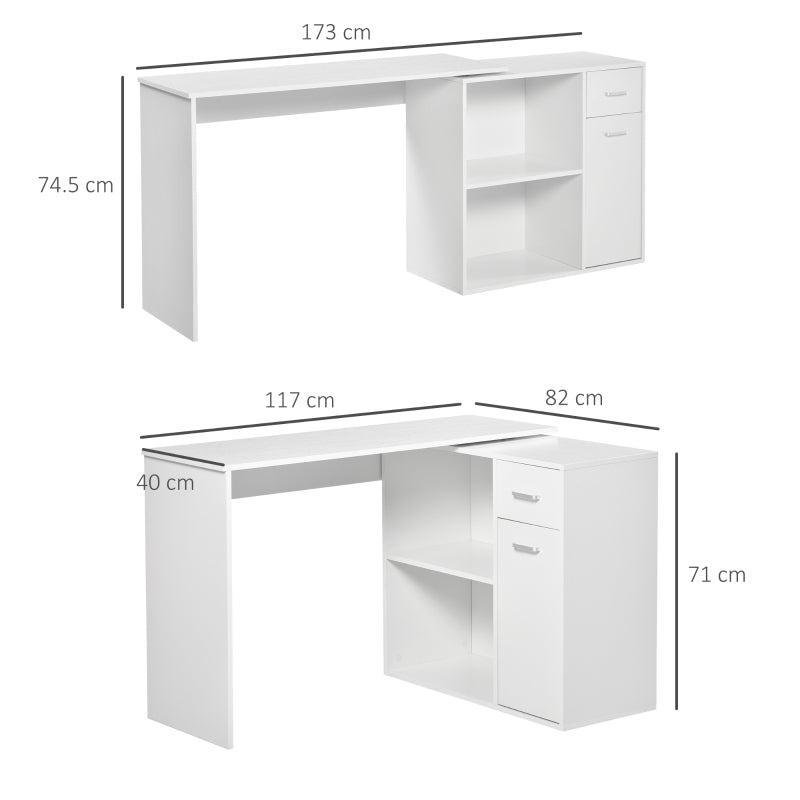 Bureau d'angle en L, table à manger réglable avec étagère de rangement et tiroir, poste de travail pour bureau à domicile, blanc
