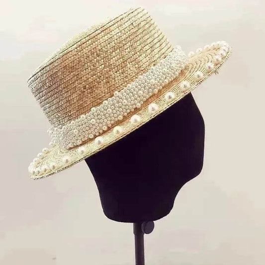 Elegant Retro Pearl Wheat Straw Flat Top Straw Hat Women's Summer Sun Protection Beach Hat Hepburn Style - www.Shopthatapp.com #