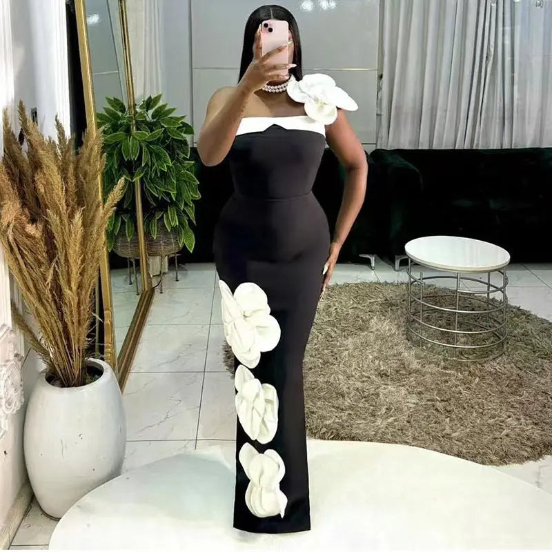 Embroidered Flower Black Long Tube Top Dress Wedding Evening Party Cocktail Dress - www.Shopthatapp.com