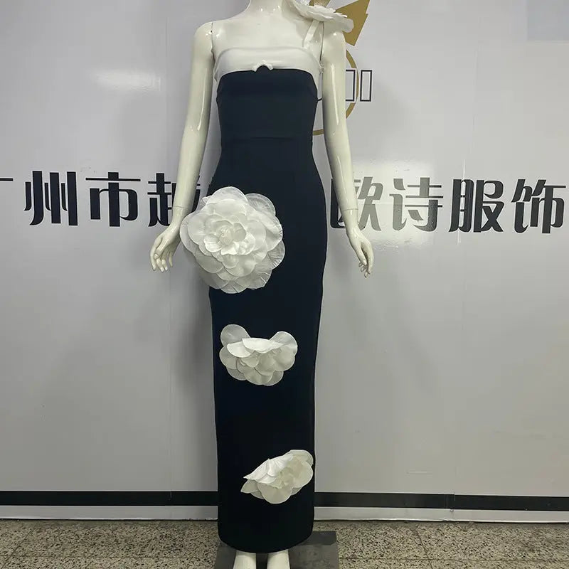 Embroidered Flower Black Long Tube Top Dress Wedding Evening Party Cocktail Dress - www.Shopthatapp.com
