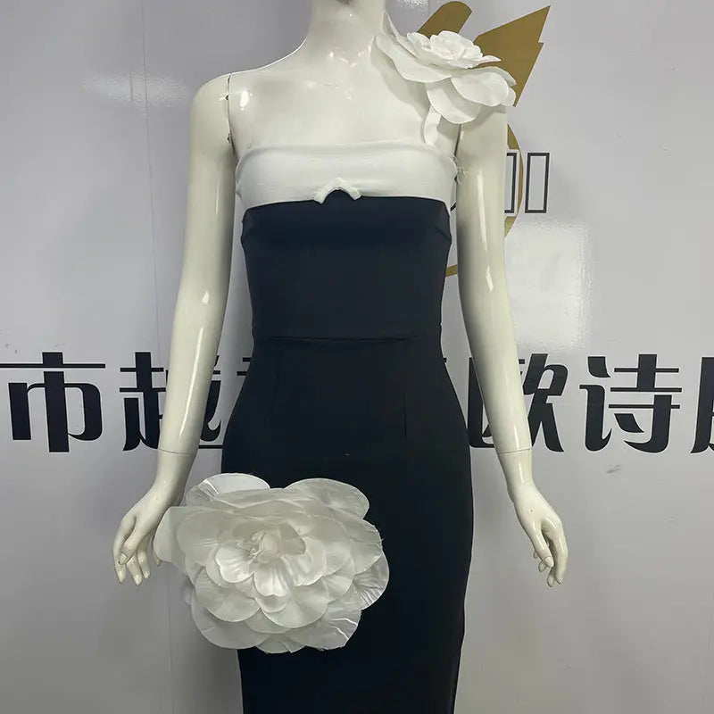 Embroidered Flower Black Long Tube Top Dress Wedding Evening Party Cocktail Dress - www.Shopthatapp.com