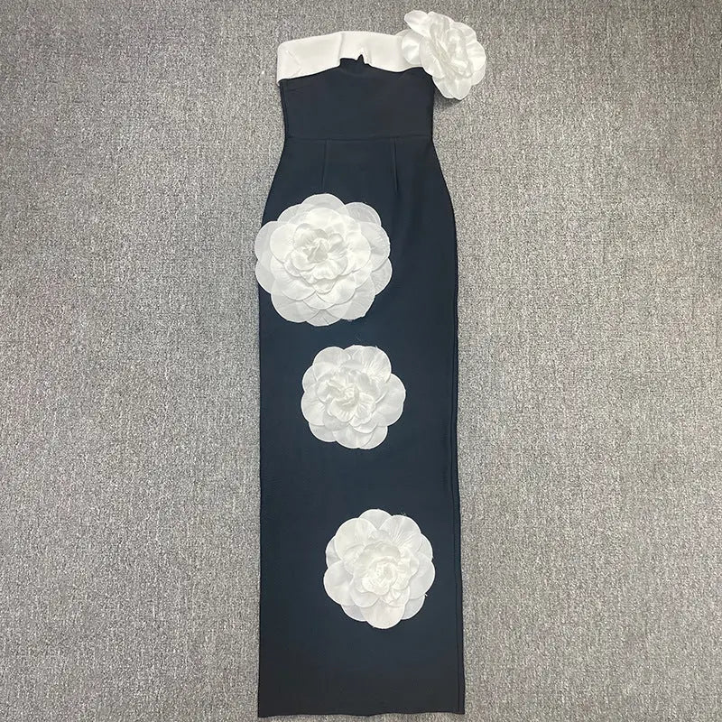 Embroidered Flower Black Long Tube Top Dress Wedding Evening Party Cocktail Dress - www.Shopthatapp.com