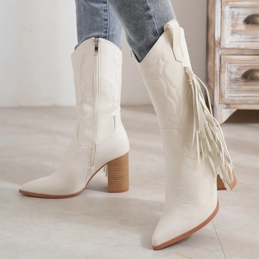 Embroidered Tassel White New Western Cowboy Boot - www.Shopthatapp.com