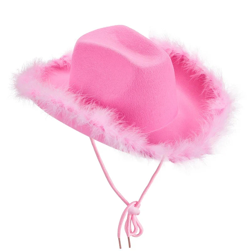 Fashion Pink Cowgirl Hat Feather Brim Cowboy Hat Western Cowboy Hat for Bachelorette Party Carnival Cosplay - www.Shopthatapp.com #