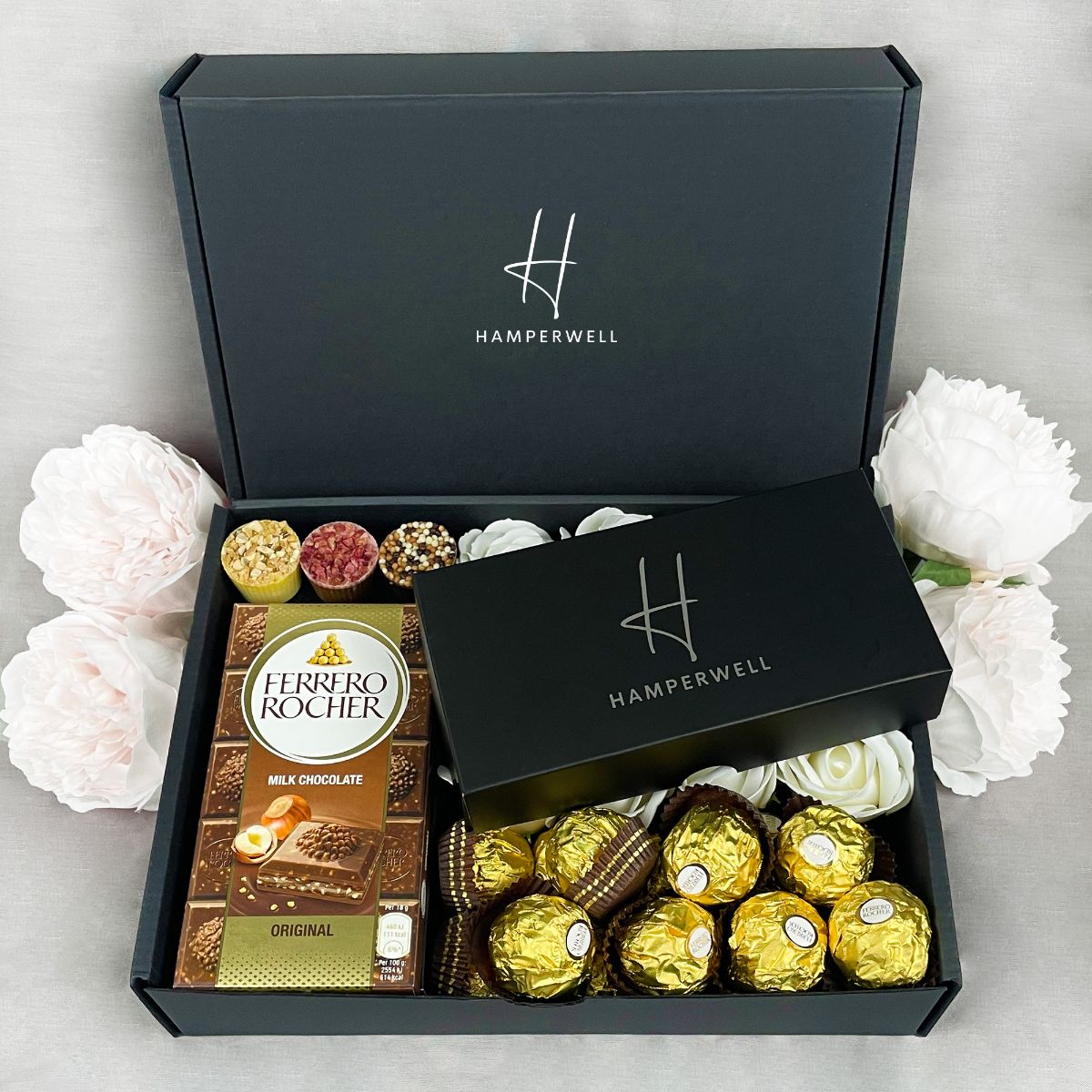 Ferrero Rocher Ultimate Gift Hamper With Ivory Roses-Food and beverage-www.Shopthatapp.com-HamperWell