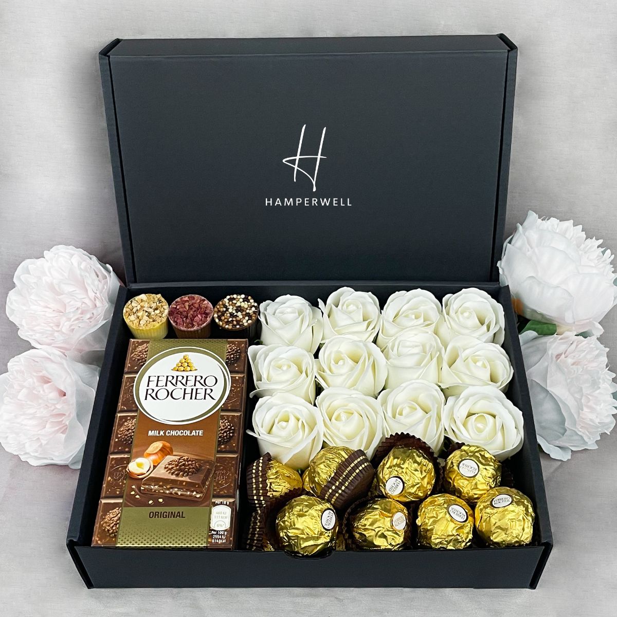 Ferrero Rocher Ultimate Gift Hamper With Ivory Roses-Food and beverage-www.Shopthatapp.com-HamperWell