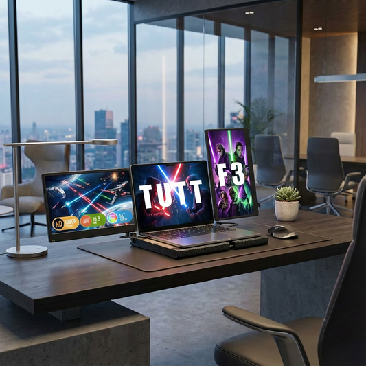 TUTT 14'' Portable Monitor | Laptop Base | 360° Rotation Stand, Multi-Position | F3 Built-In Speaker | All Devices Compatible (H5 Converter Cable Included) - www.Shopthatapp.com