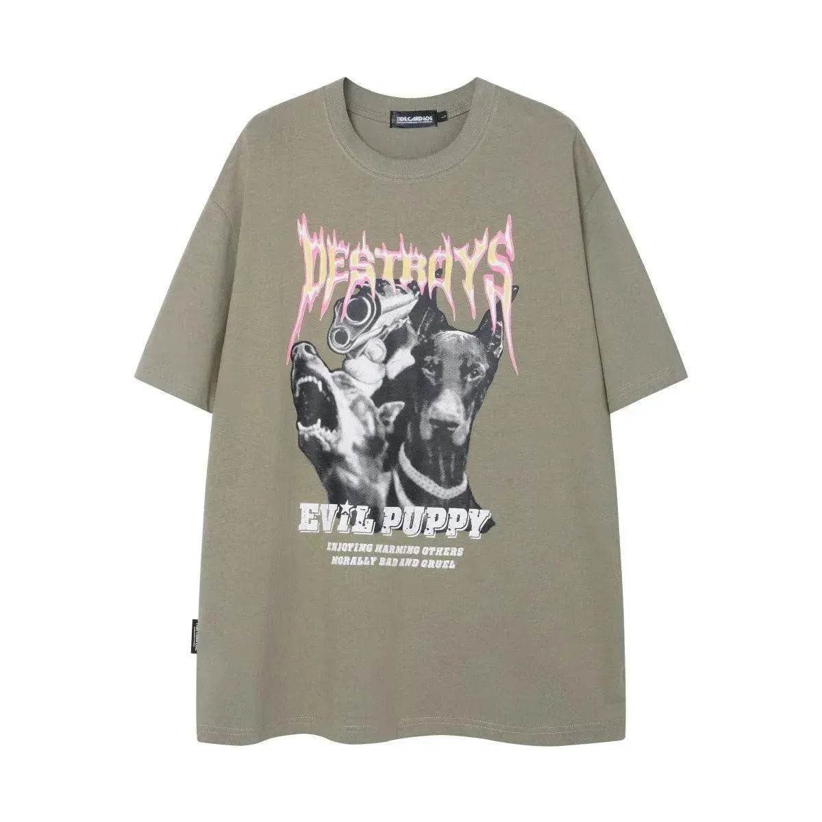 Flame Letter Print Heavy T-shirt Round Neck Loose Casual Short Sleeve - www.Shopthatapp.com #