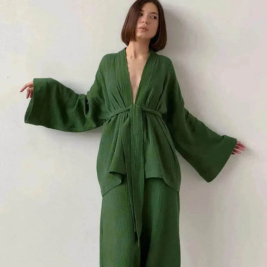 French Loose Kimono Jacket Trousers Double Gauze Ladies Loungewear Outfit set - www.Shopthatapp.com #