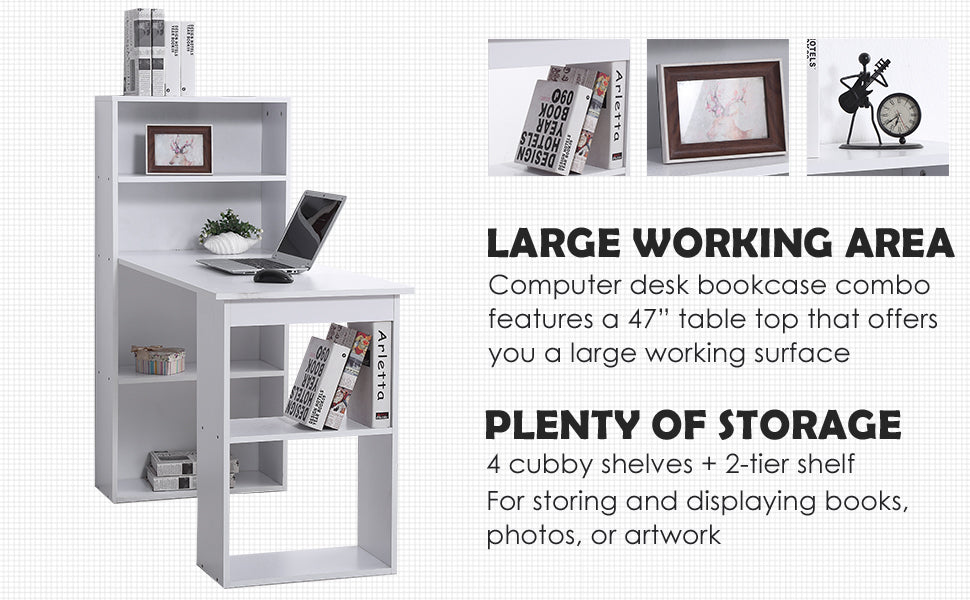 Bureau d'ordinateur moderne de 120 cm, étagère, table d'étude, poste de travail, ordinateur portable, bureau à domicile, 6 étagères, blanc