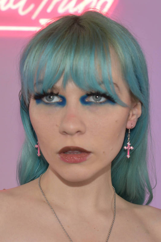 Pink Crystal Crucifix Earrings - www.Shopthatapp.com