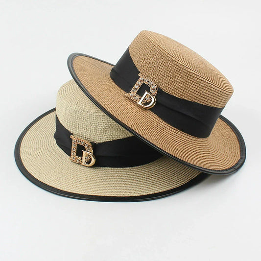 Panama Fashion Ladies Elegant Raffia Straw Hat Rhinestone Letters Vacation Travel High Quality Ladies Summer Topper Banquet Hat - www.Shopthatapp.com