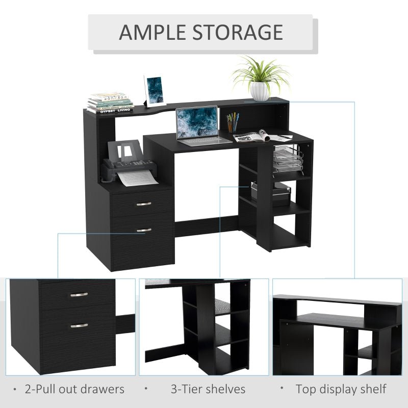 Modern Computer Desk with Drawers and Storage Shelves, Study Workstation, Writing Desk with Printer Stand for Home Office, Black - www.Shopthatapp.com