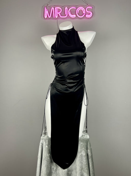 Vintage PU Leather Satin Cheongsam Lingerie Sexy Party Dress Costume