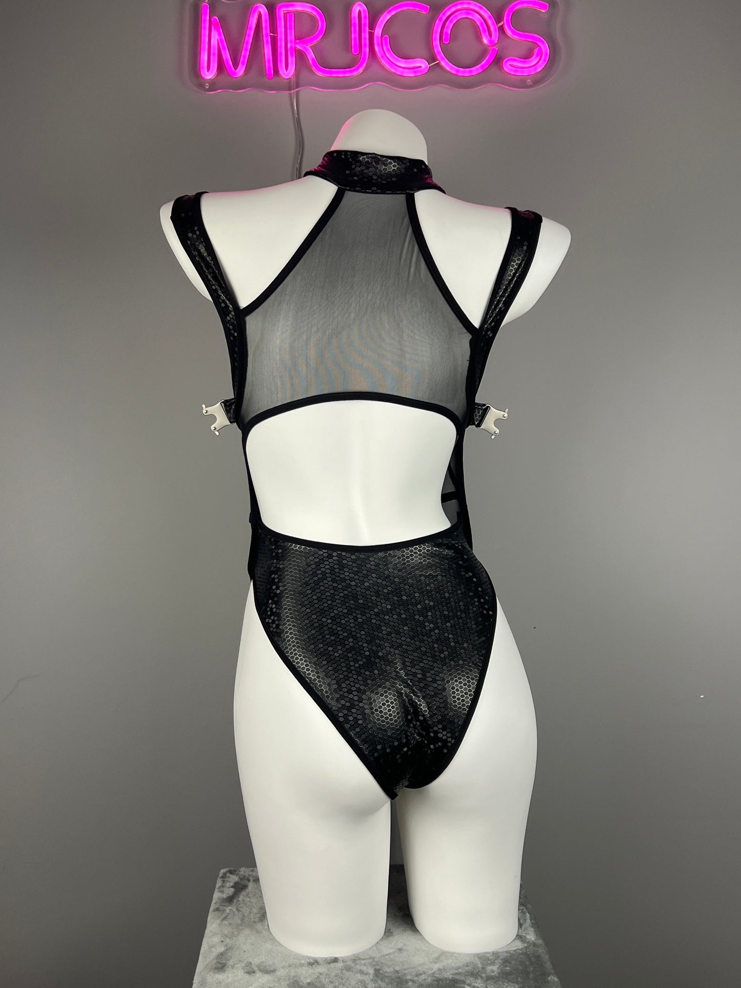 Tactical Anime Girl PU Leather Sheer Mesh Sexy Cosplay Bodysuit Costume - www.Shopthatapp.com
