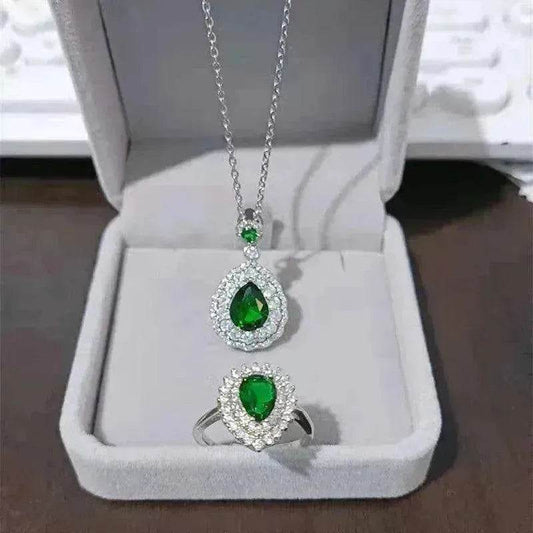 Ins Trendy Heart-shaped Emerald Water Drop Ring Full Diamond - www.Shopthatapp.com