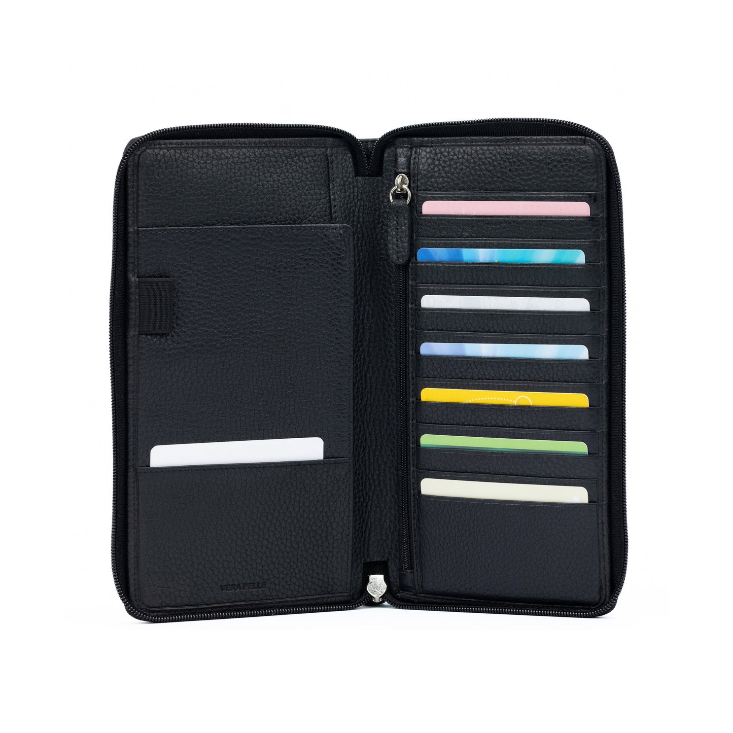 K0005AB | Portadocumenti da Viaggio in Vera Pelle pieno fiore, grana dollaro – Colore Nero – Maße: cm 12,5 x 22 x 2 – Verpackung: Sacchetto Tnt