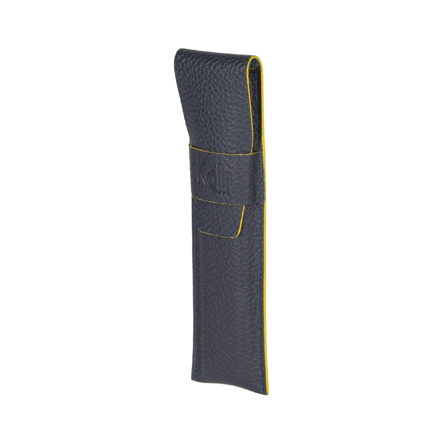K0028DB | Custodia per Penne in Vera Pelle pieno fiore, grana dollaro - Colore Blu con bordi Gialli - Dimensioni: cm 4,5 x 16,5 x 1 - Confezione: Scatola regalo fondo/coperchio - www.Shopthatapp.com