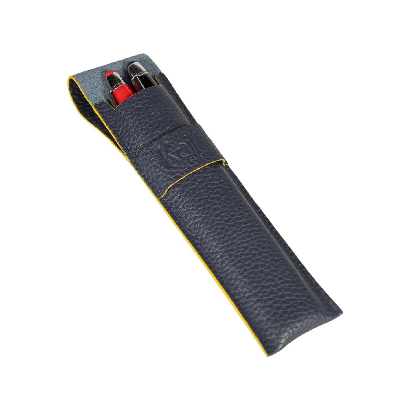 K0028DB | Custodia per Penne in Vera Pelle pieno fiore, grana dollaro - Colore Blu con bordi Gialli - Dimensioni: cm 4,5 x 16,5 x 1 - Confezione: Scatola regalo fondo/coperchio - www.Shopthatapp.com