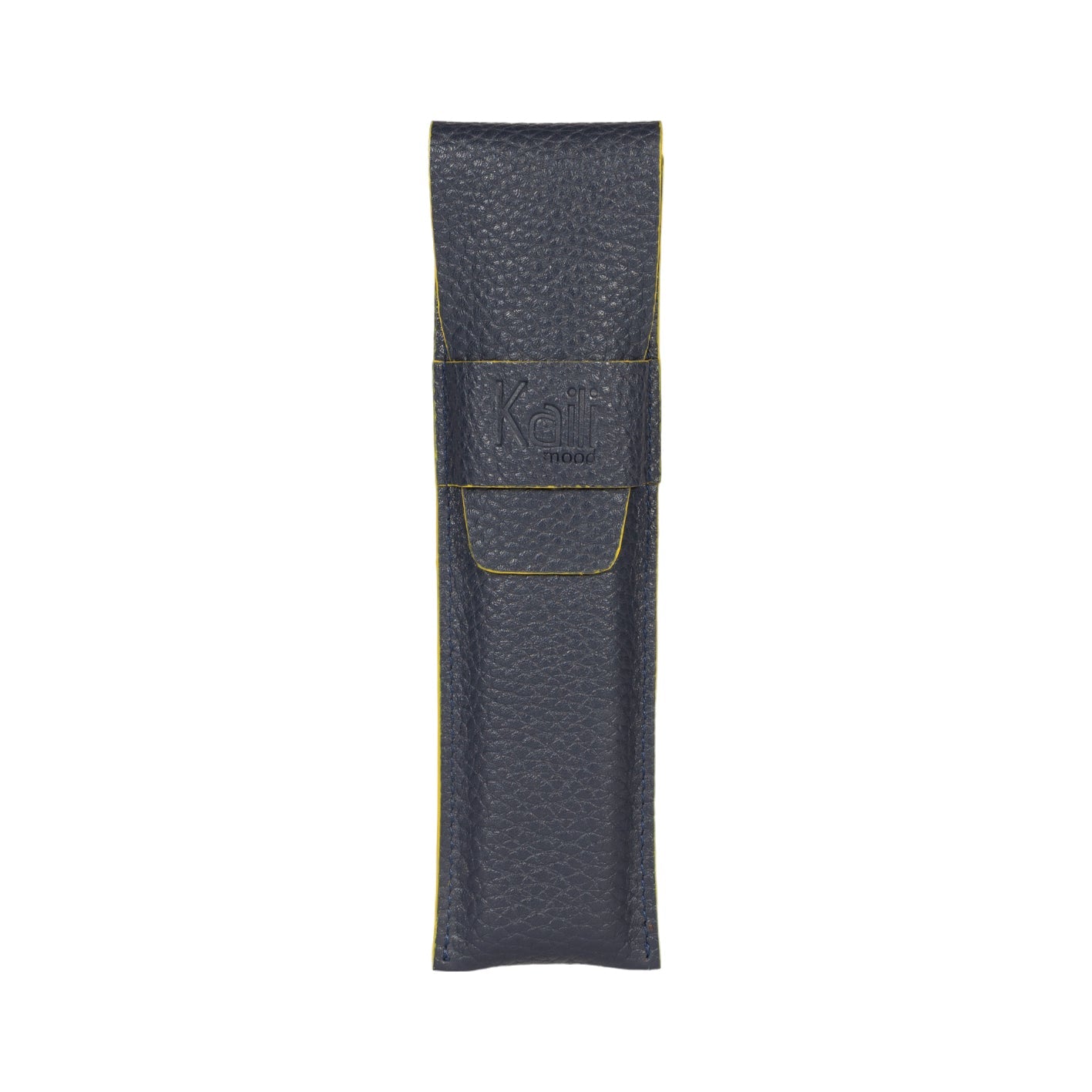 K0028DB | Custodia per Penne in Vera Pelle pieno fiore, grana dollaro - Colore Blu con bordi Gialli - Dimensioni: cm 4,5 x 16,5 x 1 - Confezione: Scatola regalo fondo/coperchio - www.Shopthatapp.com