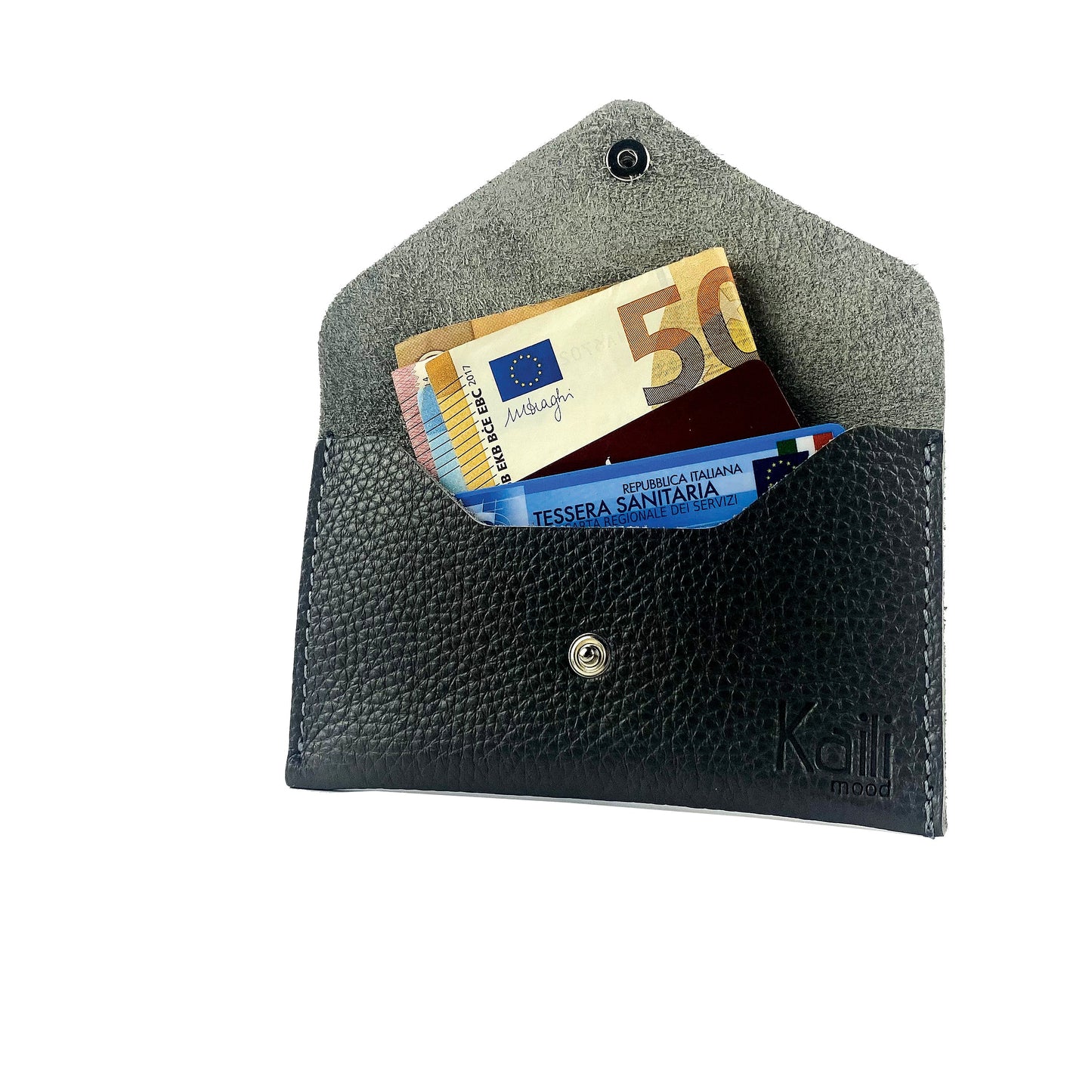 K0040AB | Bustina con pattina Made in Italy in Vera Pelle pieno fiore, grana dollaro - Colore Nero - Dimensioni: cm 13 x 8 x 0,5 - Confezione: Gift Box rigido fondo/coperchio - www.Shopthatapp.com