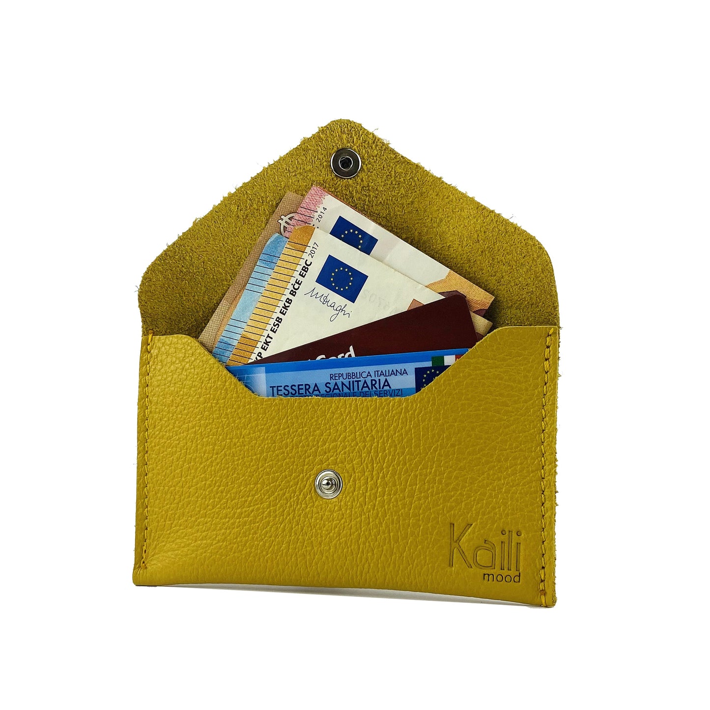 K0040RB | Bustina con pattina Made in Italy in Vera Pelle pieno fiore, grana dollaro - Colore Giallo - Dimensioni: cm 13 x 8 x 0,5 - Confezione: Gift Box rigido fondo/coperchio - www.Shopthatapp.com