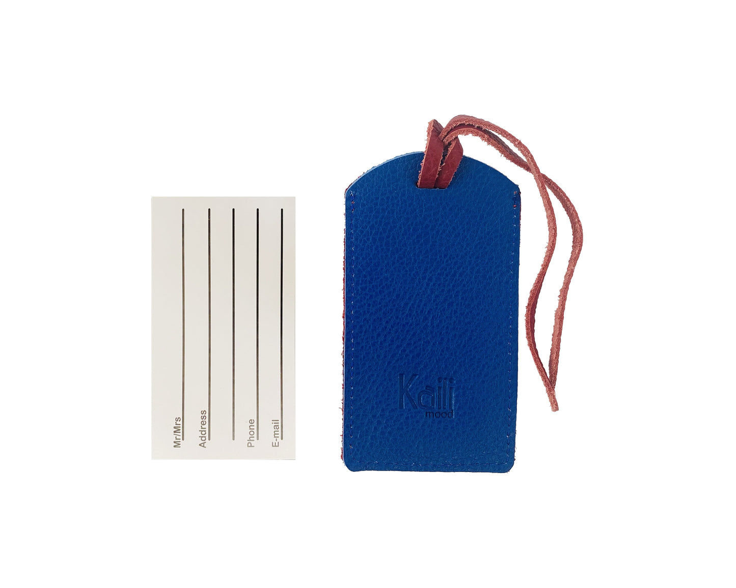 K0041VDB | Targhetta bagaglio Bicolore Made in Italy in Vera Pelle pieno fiore, grana dollaro - Colore Rosso/Blu - Dimensioni: cm 6,5 x 12 - Confezione: Gift Box rigido fondo/coperchio - www.Shopthatapp.com