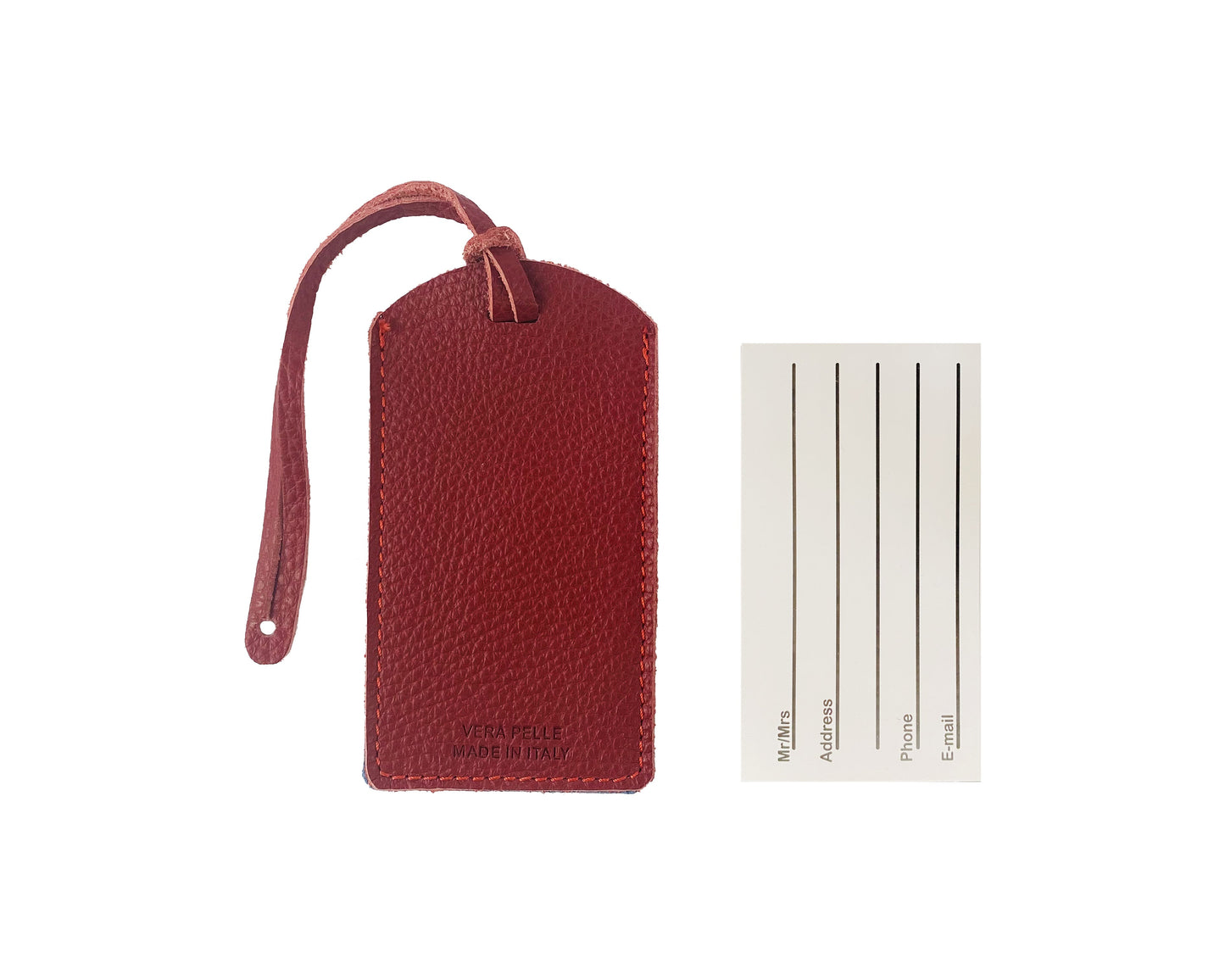K0041VDB | Targhetta bagaglio Bicolore Made in Italy in Vera Pelle pieno fiore, grana dollaro - Colore Rosso/Blu - Dimensioni: cm 6,5 x 12 - Confezione: Gift Box rigido fondo/coperchio - www.Shopthatapp.com