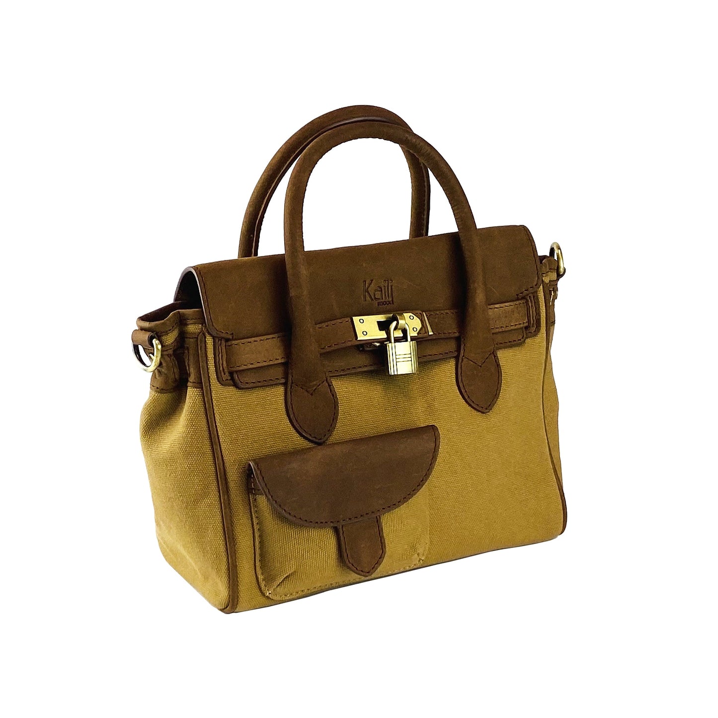 K0042BACB | Borsa a Mano Mini in Canvas/Vera Pelle Made in Italy. Tracolla removibile. Attacchi con moschettoni in metallo Ottone Anticato - Colore Nocciola - Dimensioni: cm 24 x 20 x 12 - www.Shopthatapp.com