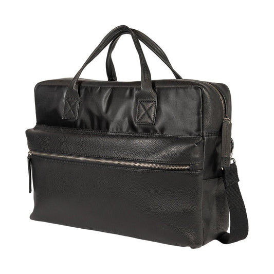 K0043AB | Briefcase in Nylon Waterproof/Vera Pelle pieno fiore con leggera grana - Colore Nero - Pochette interna - Accessori Silver lucido - Dimensioni cm 39 x 30 x 12 - Confezione: Sacchetto Tnt - www.Shopthatapp.com