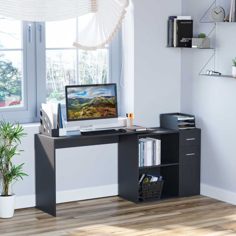L-Shaped Desk Computer Corner Desk, Adjustable Dining Table with Storage Shelf and Drawer, Workstation for Home Office, Black