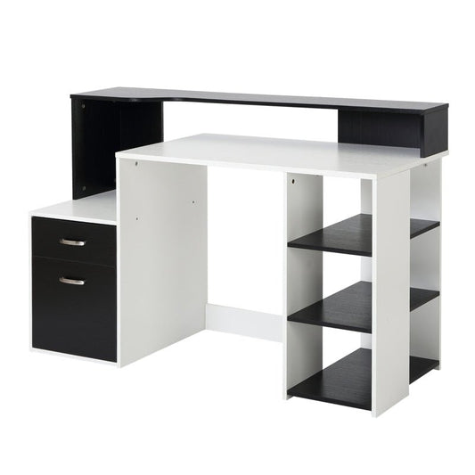Modern Computer Desk with Drawers and Storage Shelves, Study Workstation, Writing Desk with Printer Stand for Home Office, Black and White - www.Shopthatapp.com