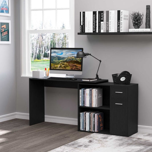 L-Shaped Desk Computer Corner Desk, Adjustable Dining Table with Storage Shelf and Drawer, Workstation for Home Office, Black - www.Shopthatapp.com