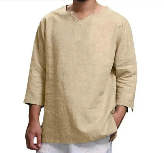 Loose Casual V-neck Top Cotton And Linen Long Sleeve Pullover Shirt Men's Shirt Top - www.Shopthatapp.com #