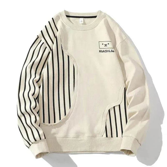 Loose Sports Long-sleeved T-shirt Patchwork Stripes Printed Men's Clothing Round-neck Sweater - www.Shopthatapp.com #