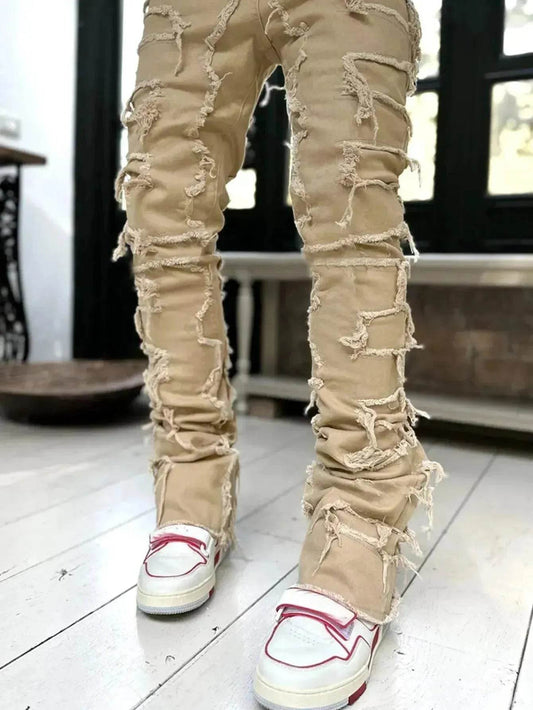 Men Trousers Patched Pants Long Tight Fit Stacked Denim Jeans street fashion - www.Shopthatapp.com #