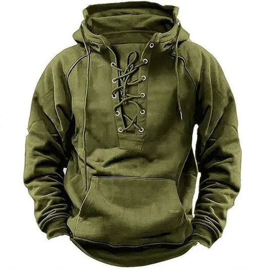 Men's Outdoor Retro Lace-up Hooded Long-sleeved T-shirt Casual Pullover top sweatshirt - www.Shopthatapp.com #