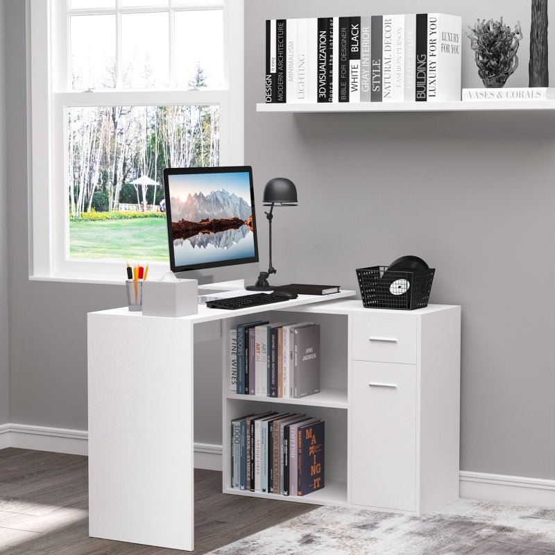 Bureau d'angle en L, table à manger réglable avec étagère de rangement et tiroir, poste de travail pour bureau à domicile, blanc