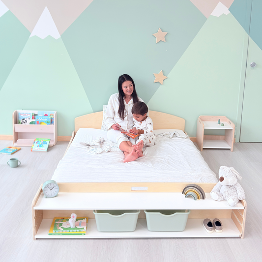 CHERRY FULL - Montessori Floor Bed with Shelves - www.Shopthatapp.com