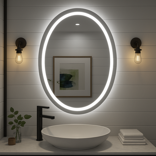 Noir Éclipse Oval LED Bathroom Mirror — Front Glow Frosted Ring + Back-Lit Halo, Dimmable, Anti-Fog & Memory (3000K/4000K/5000K) | 24"×32" or 30"×36" | CE & ETL Certified - www.Shopthatapp.com #