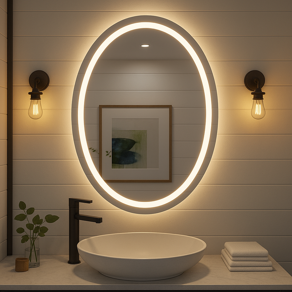 Noir Éclipse Oval LED Bathroom Mirror — Front Glow Frosted Ring + Back-Lit Halo, Dimmable, Anti-Fog & Memory (3000K/4000K/5000K) | 24"×32" or 30"×36" | CE & ETL Certified - www.Shopthatapp.com #