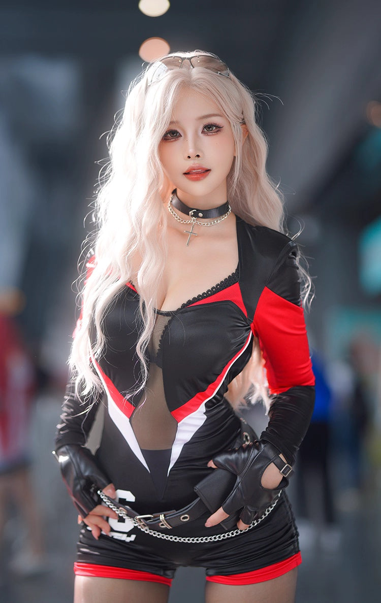 Black and Red One-Piece Spandex Race Queen Bodysuit Cotume with Sheer Mesh - www.Shopthatapp.com